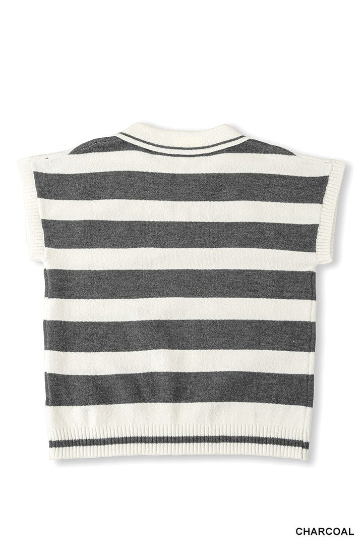 Zenana Striped Collared Short Sleeve Sweater - AMVIM