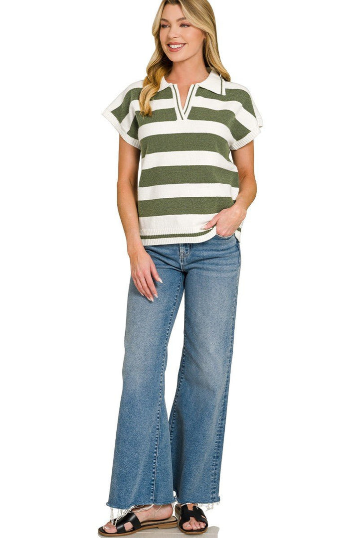 Zenana Striped Collared Short Sleeve Sweater - AMVIM