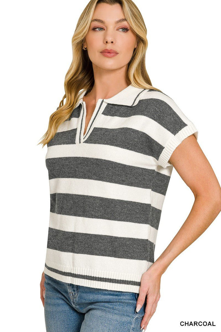 Zenana Striped Collared Short Sleeve Sweater - AMVIM