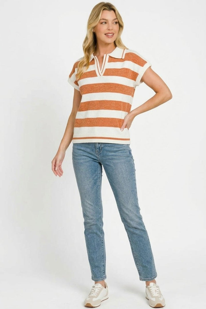 Zenana Striped Collared Short Sleeve Sweater - AMVIM