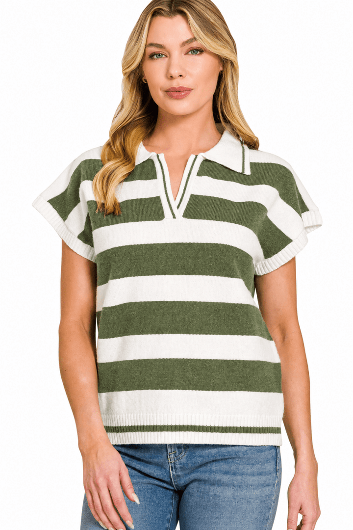 Zenana Striped Collared Short Sleeve Sweater - AMVIM