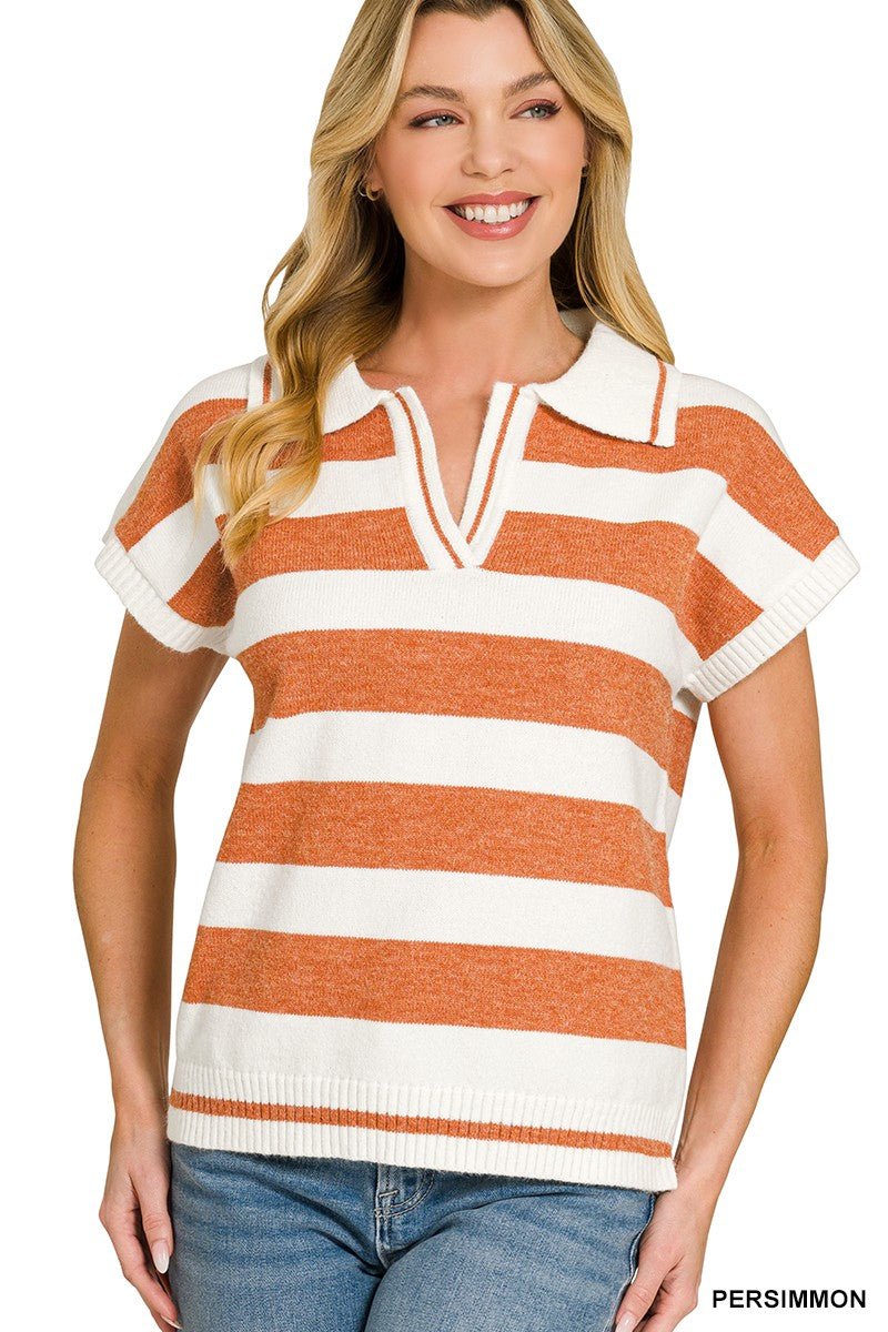 Zenana Striped Collared Short Sleeve Sweater - AMVIM