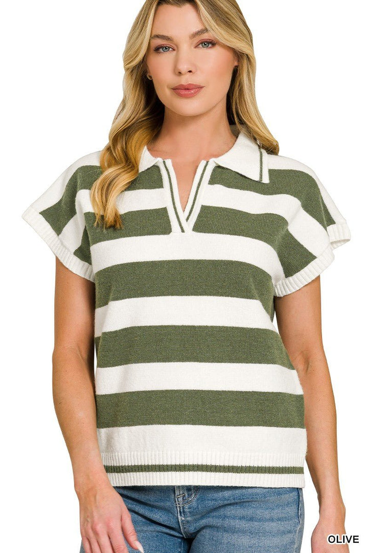 Zenana Striped Collared Short Sleeve Sweater - AMVIM