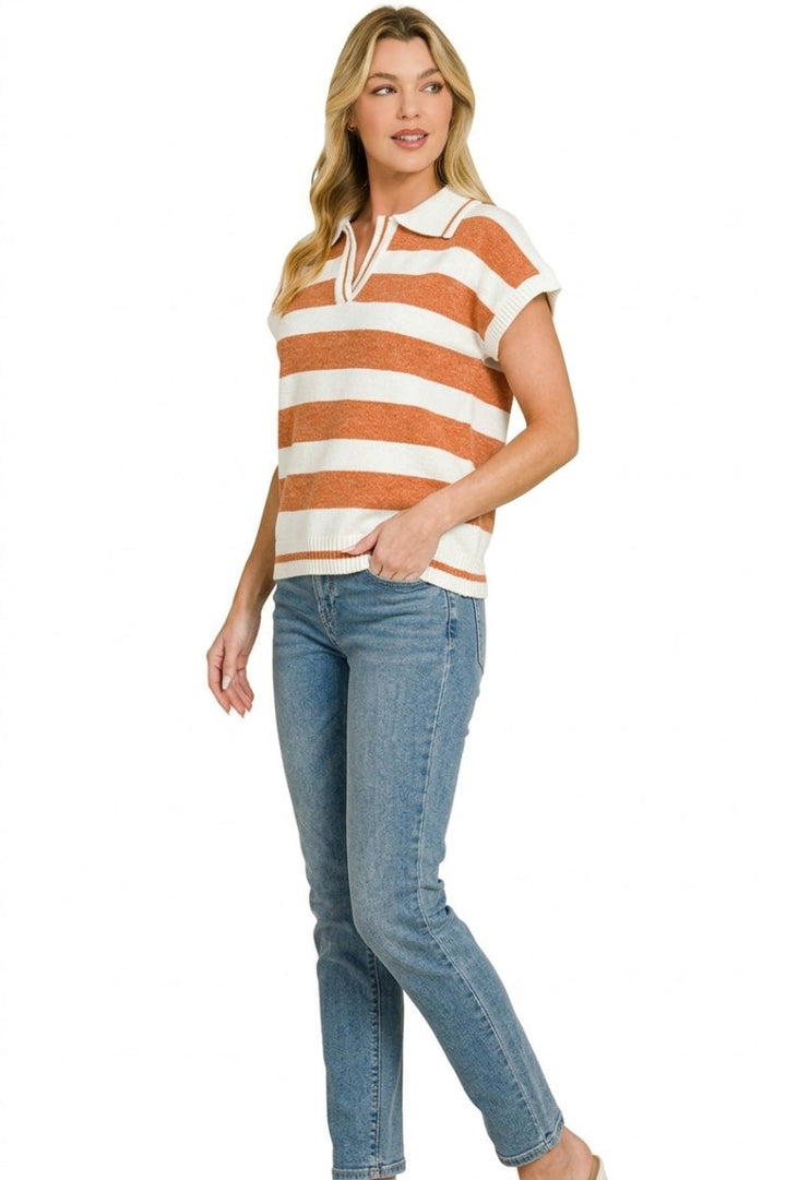 Zenana Striped Collared Short Sleeve Sweater - AMVIM
