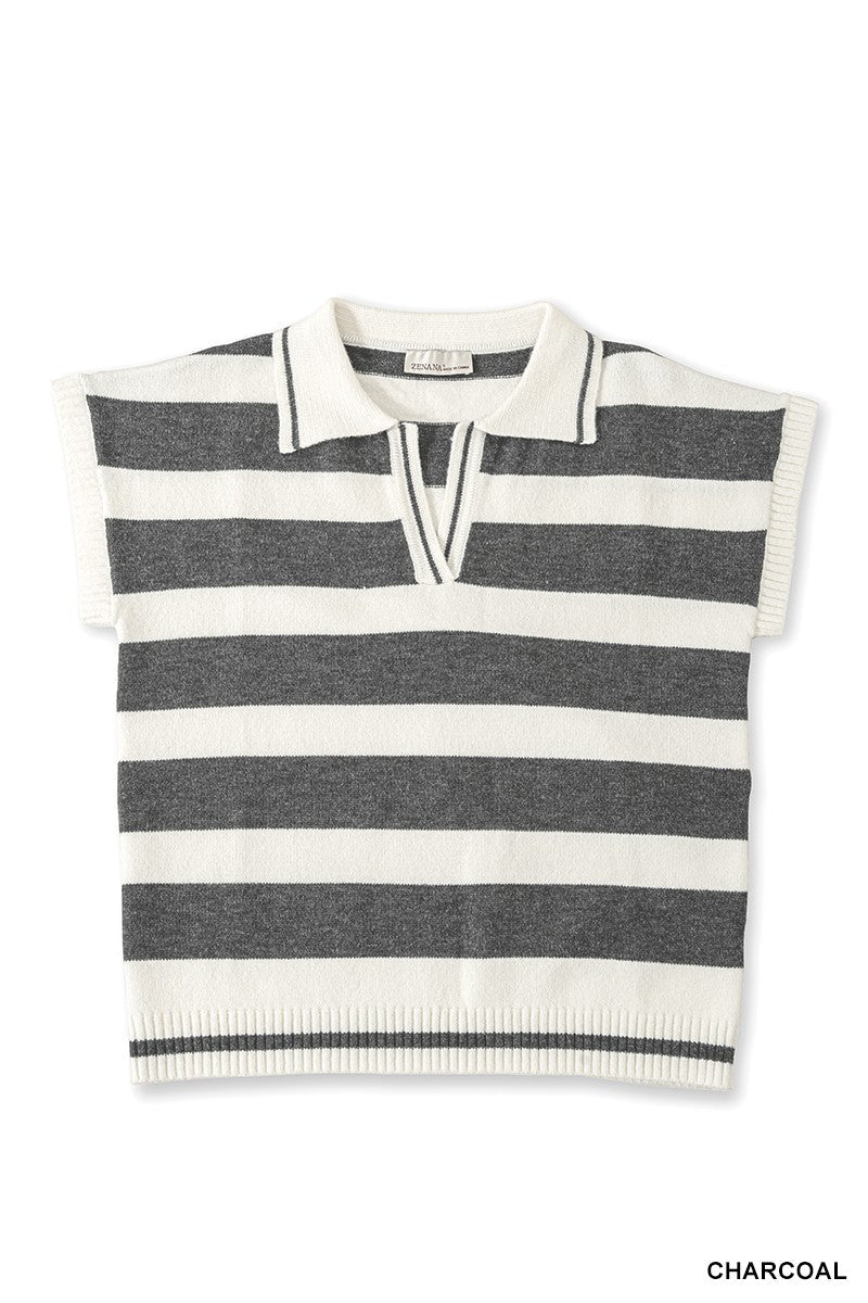 Zenana Striped Collared Short Sleeve Sweater - AMVIM