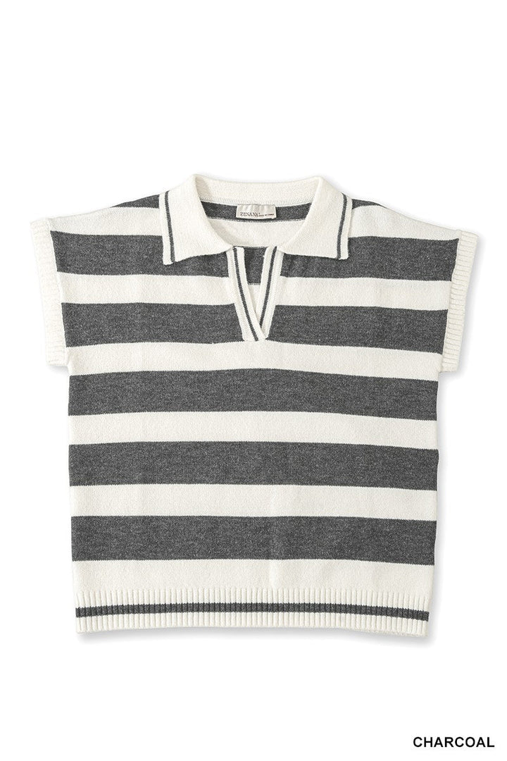 Zenana Striped Collared Short Sleeve Sweater - AMVIM
