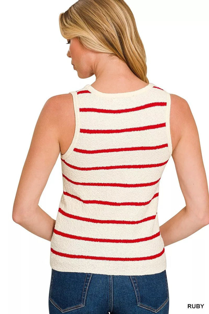 Zenana Striped Knit Tank Top with Round Neck - AMVIM