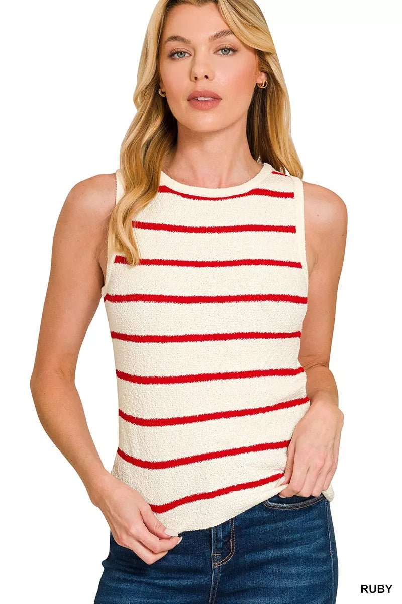 Zenana Striped Knit Tank Top with Round Neck - AMVIM