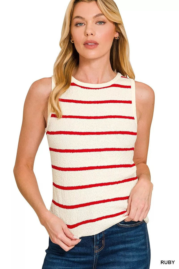 Zenana Striped Knit Tank Top with Round Neck - AMVIM