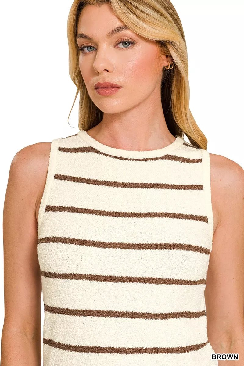Zenana Striped Knit Tank Top with Round Neck - AMVIM
