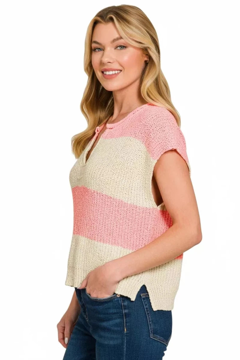 Zenana Striped Sleeveless Split Neck Sweater - AMVIM