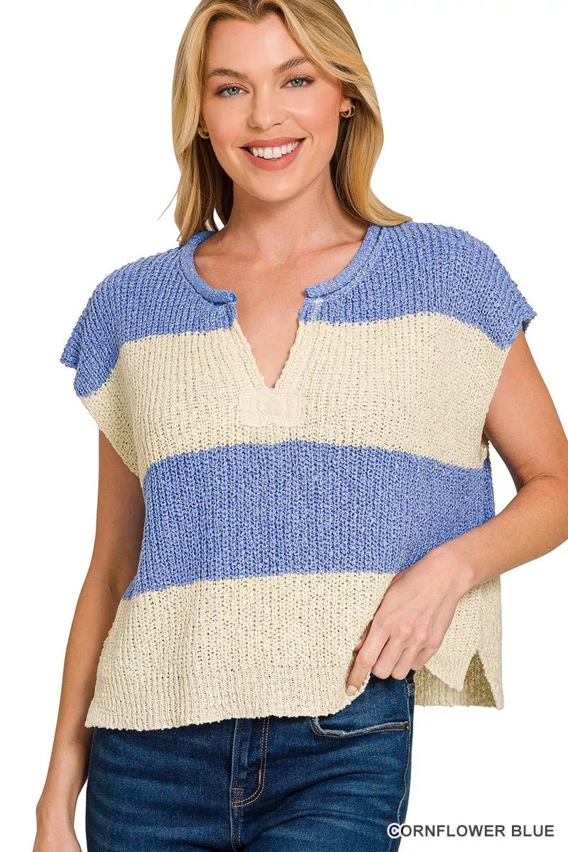 Zenana Striped Sleeveless Split Neck Sweater - AMVIM