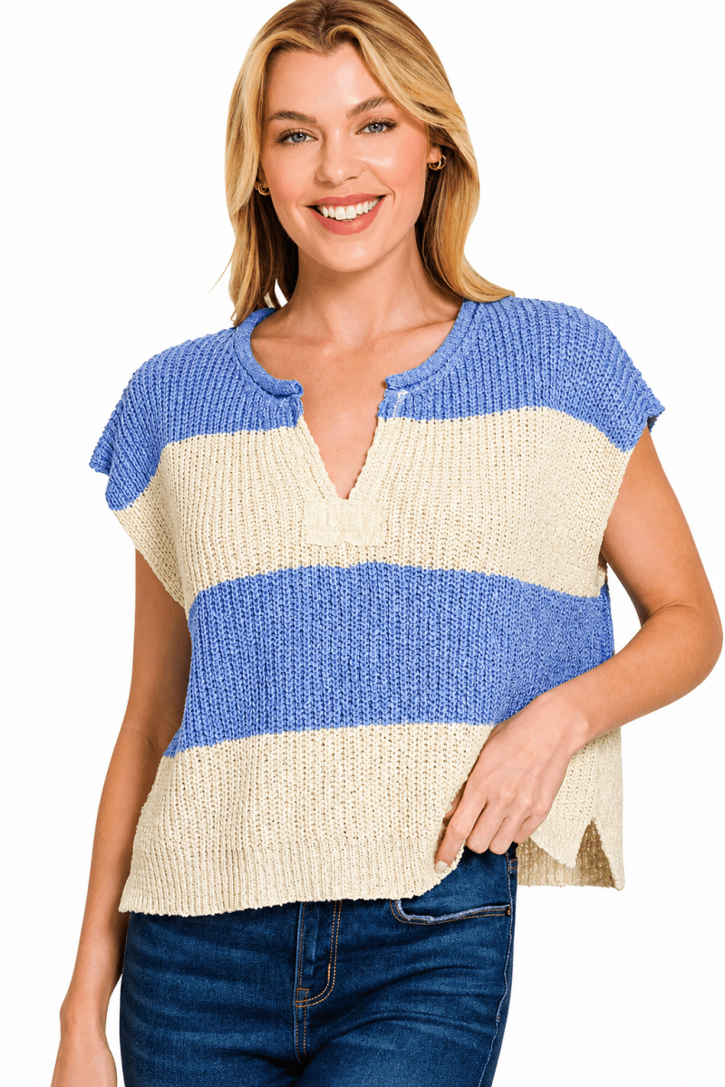 Zenana Striped Sleeveless Split Neck Sweater - AMVIM