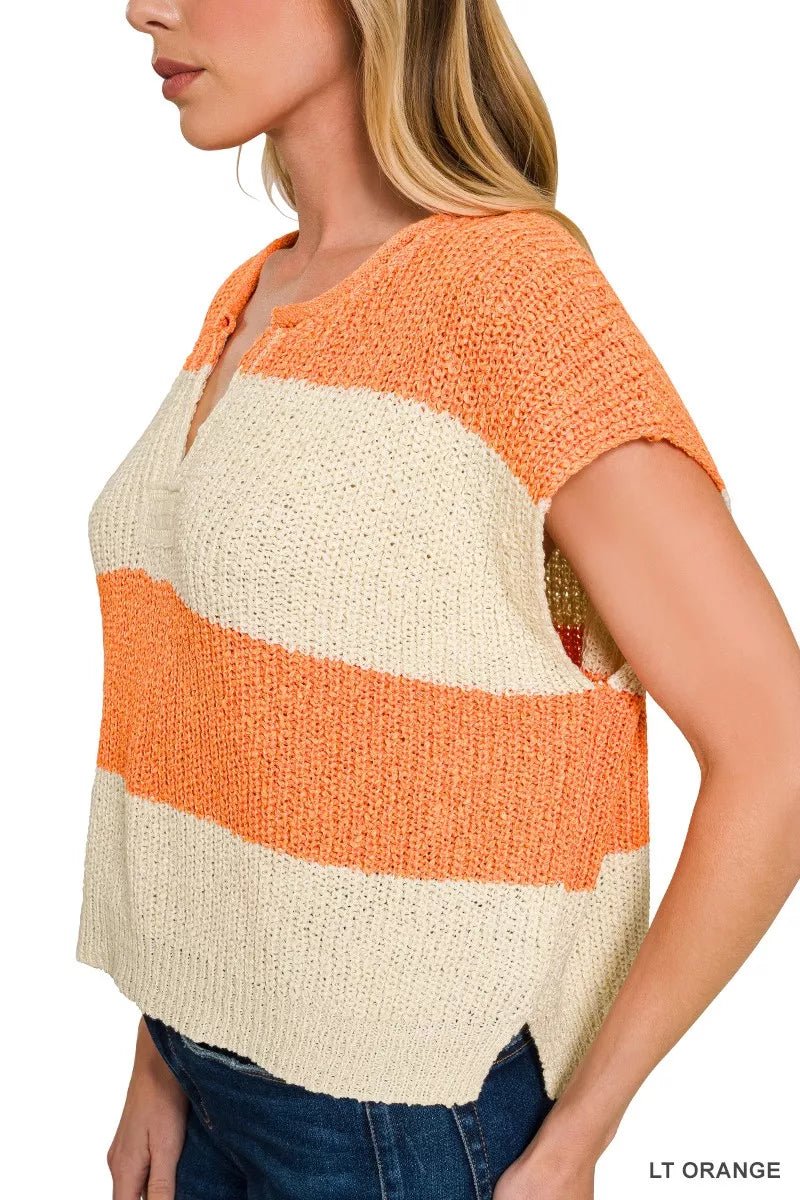 Zenana Striped Sleeveless Split Neck Sweater - AMVIM