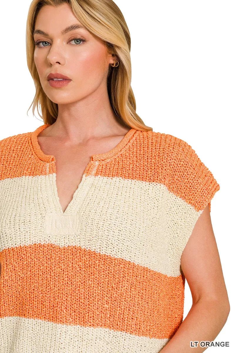 Zenana Striped Sleeveless Split Neck Sweater - AMVIM