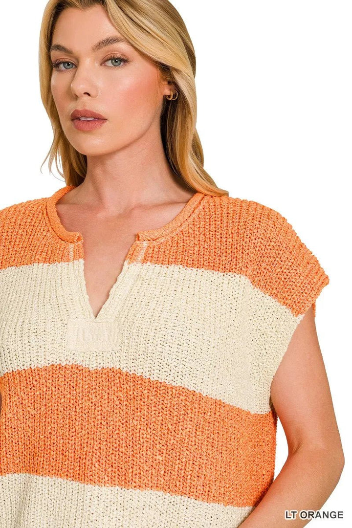 Zenana Striped Sleeveless Split Neck Sweater - AMVIM