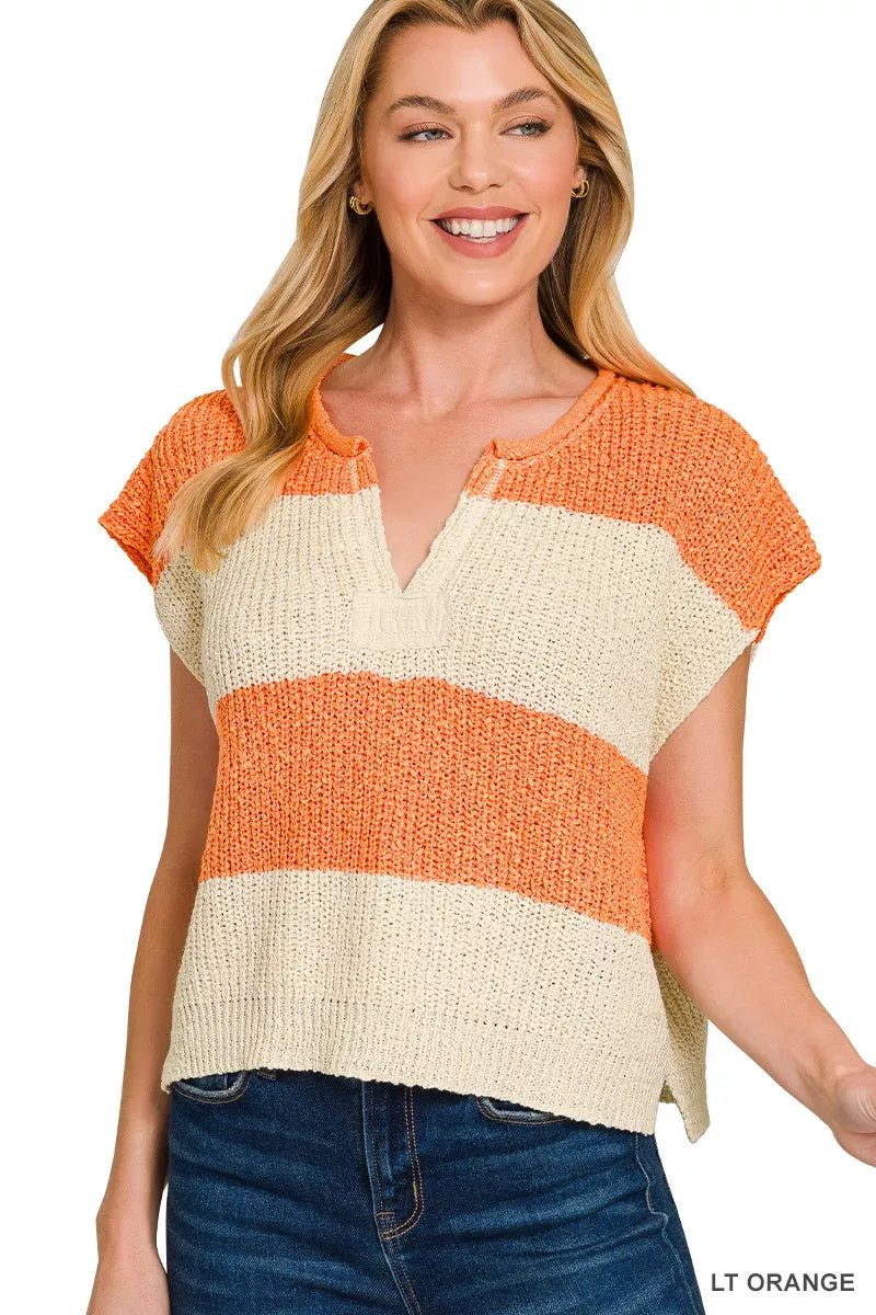 Zenana Striped Sleeveless Split Neck Sweater - AMVIM