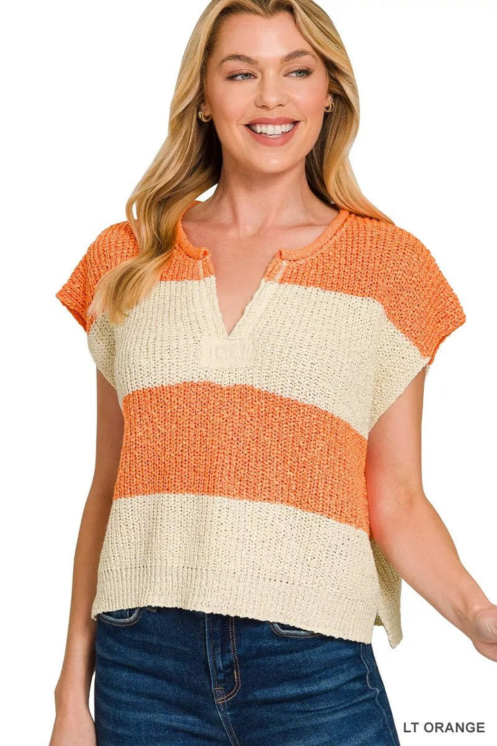 Zenana Striped Sleeveless Split Neck Sweater - AMVIM