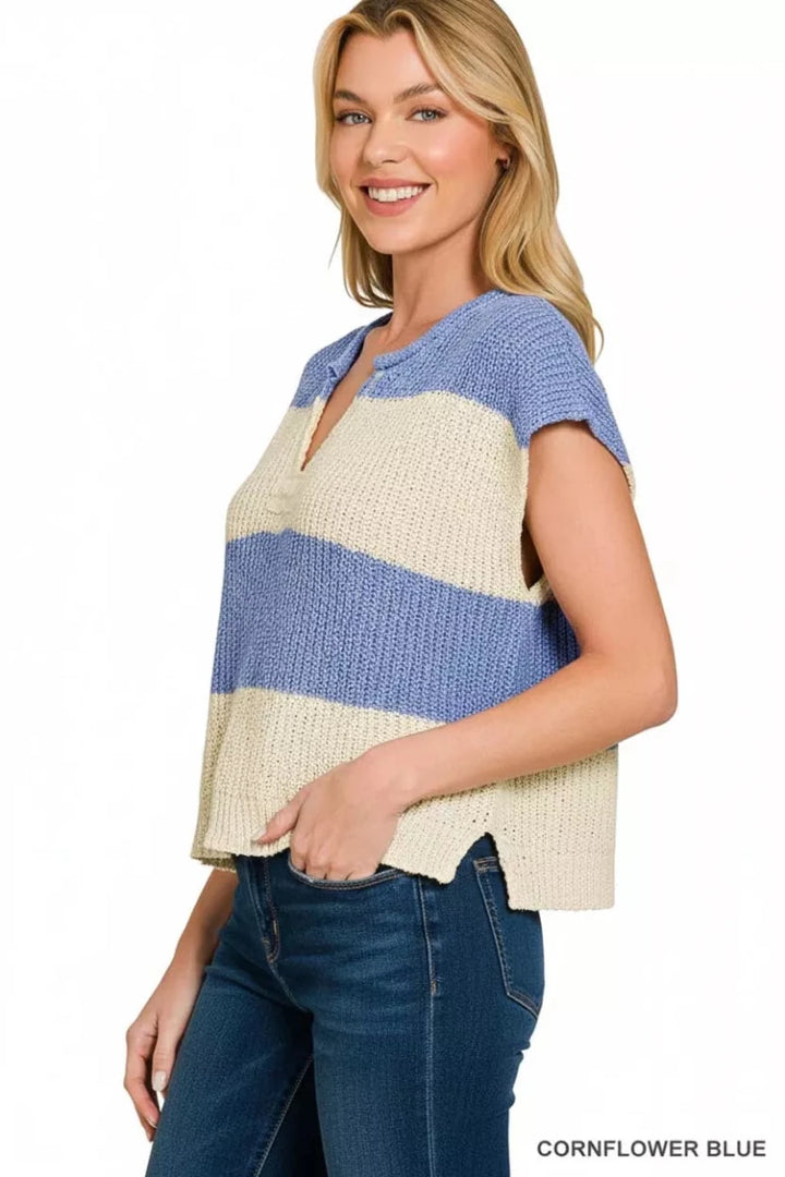 Zenana Striped Sleeveless Split Neck Sweater - AMVIM