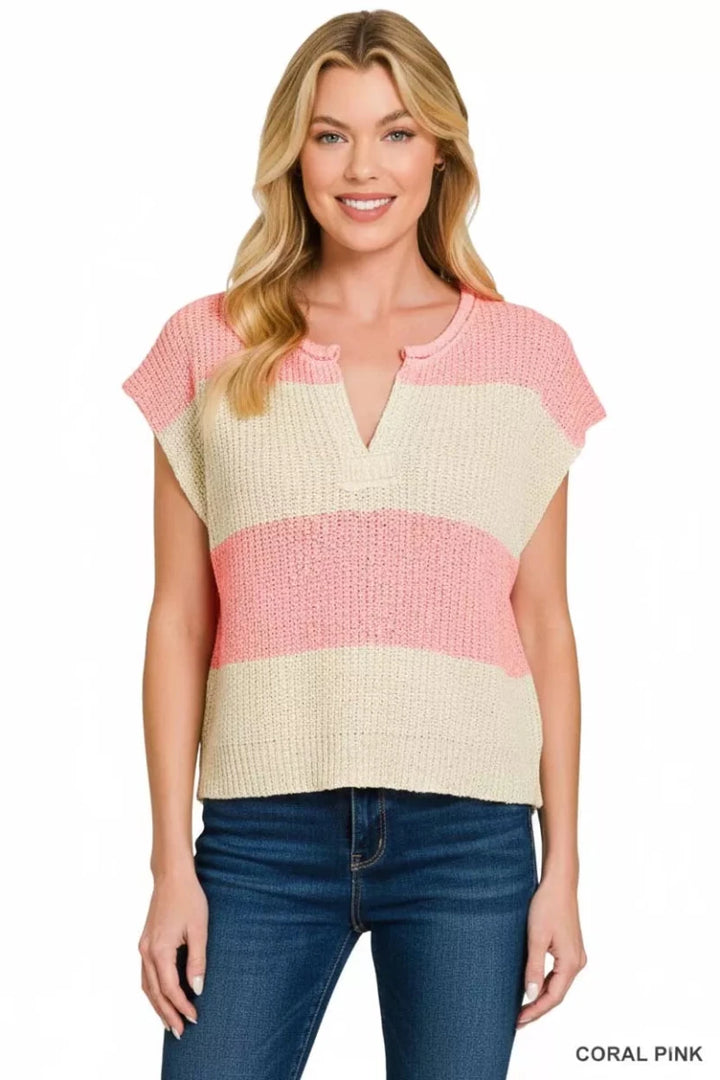 Zenana Striped Sleeveless Split Neck Sweater - AMVIM
