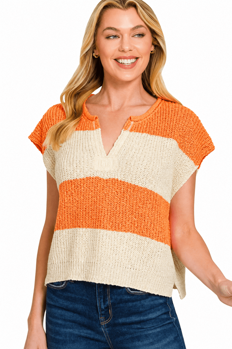 Zenana Striped Sleeveless Split Neck Sweater - AMVIM
