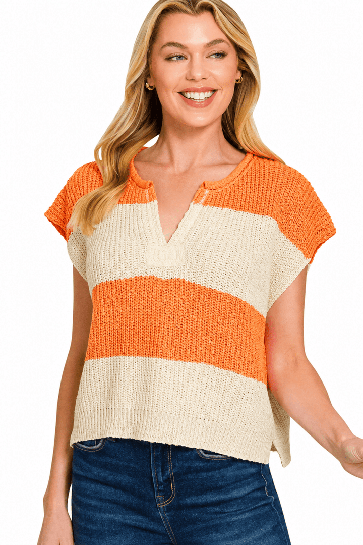 Zenana Striped Sleeveless Split Neck Sweater - AMVIM