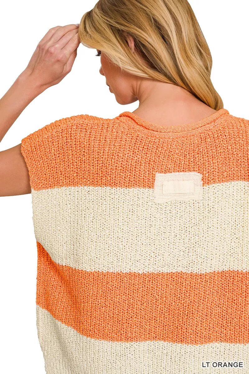 Zenana Striped Sleeveless Split Neck Sweater - AMVIM