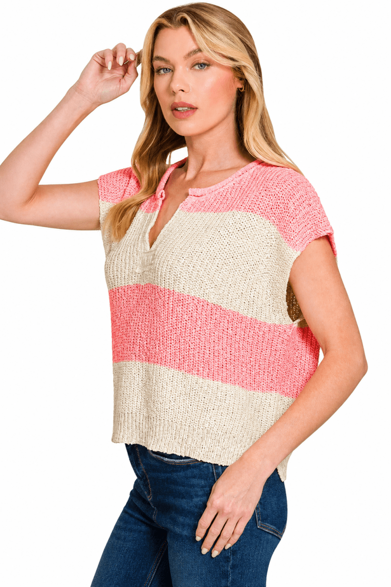 Zenana Striped Sleeveless Split Neck Sweater - AMVIM