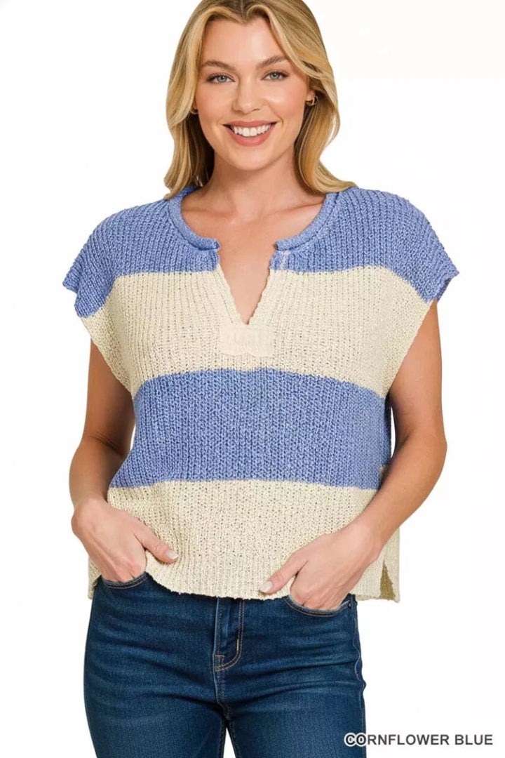 Zenana Striped Sleeveless Split Neck Sweater - AMVIM