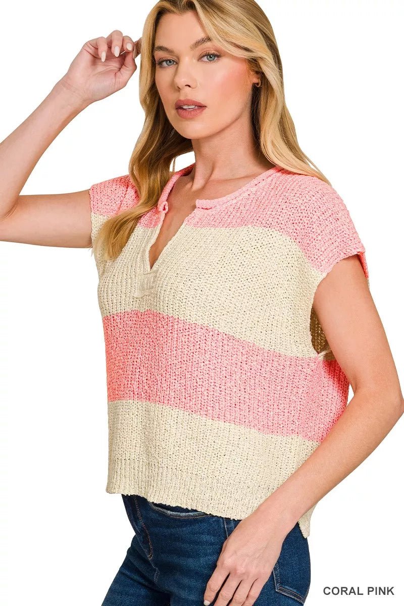 Zenana Striped Sleeveless Split Neck Sweater - AMVIM