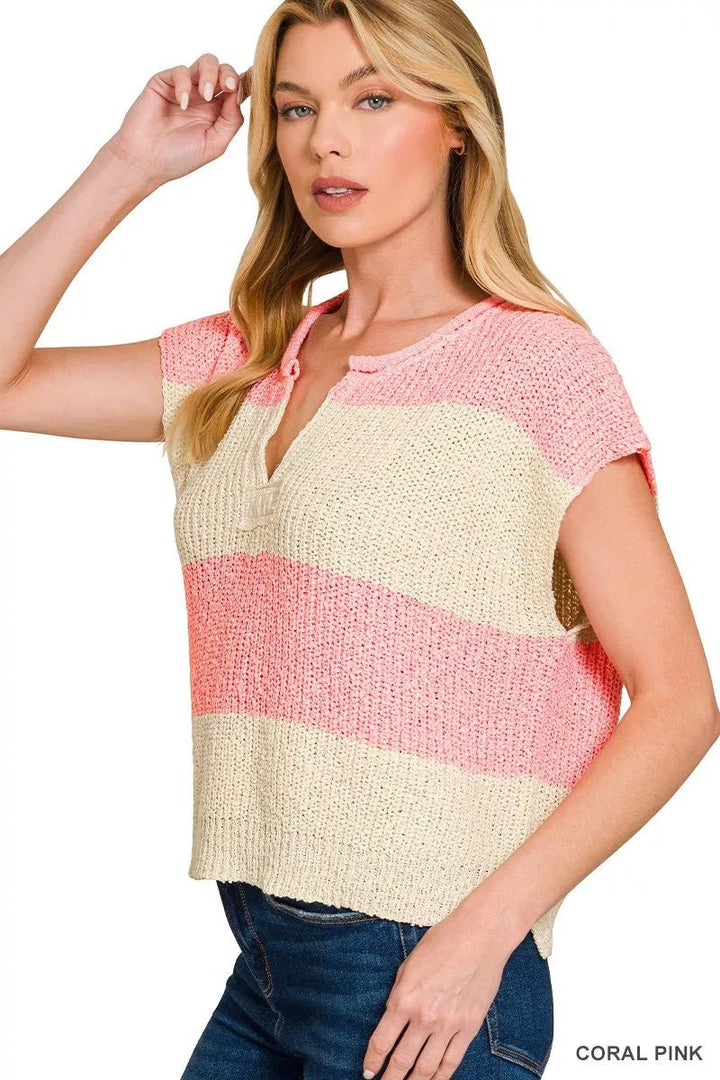 Zenana Striped Sleeveless Split Neck Sweater - AMVIM