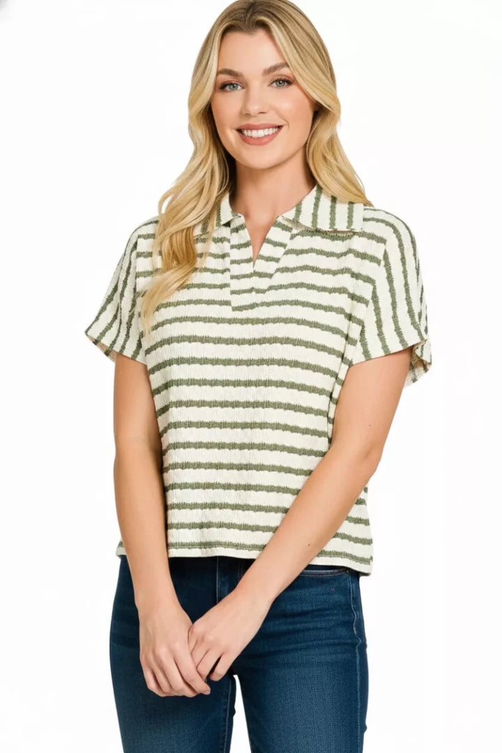 Zenana Striped Split Neck Collar Top - AMVIM