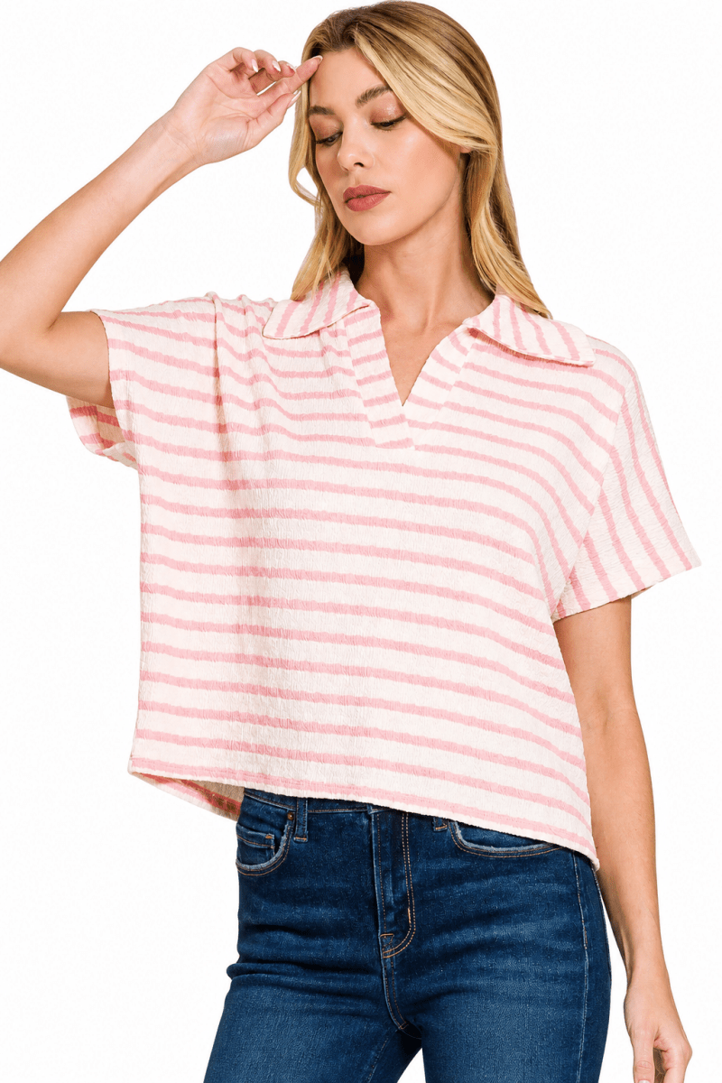 Zenana Striped Split Neck Collar Top - AMVIM