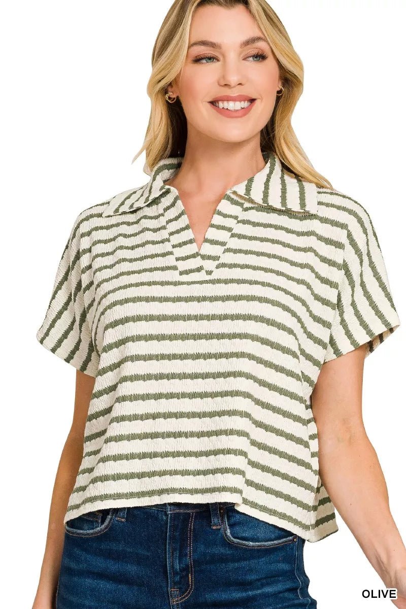 Zenana Striped Split Neck Collar Top - AMVIM