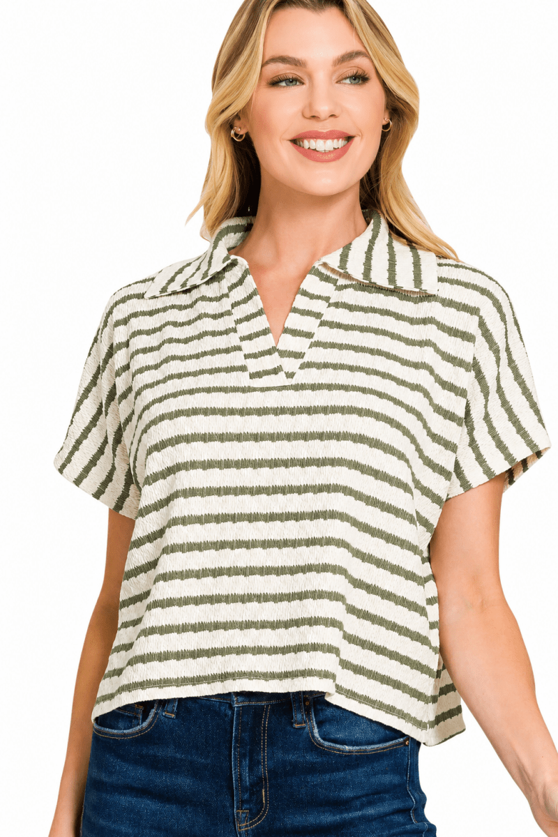 Zenana Striped Split Neck Collar Top - AMVIM