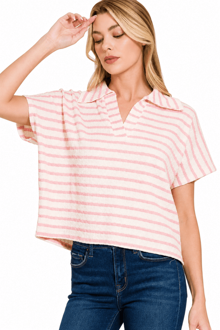 Zenana Striped Split Neck Collar Top - AMVIM