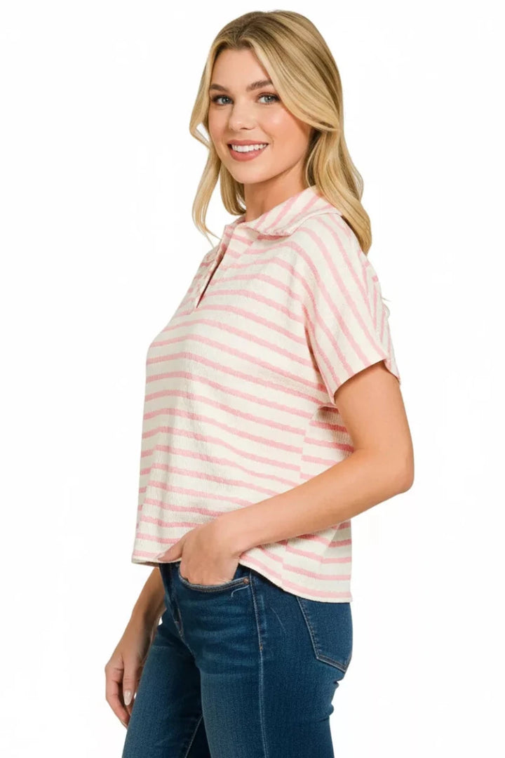 Zenana Striped Split Neck Collar Top - AMVIM