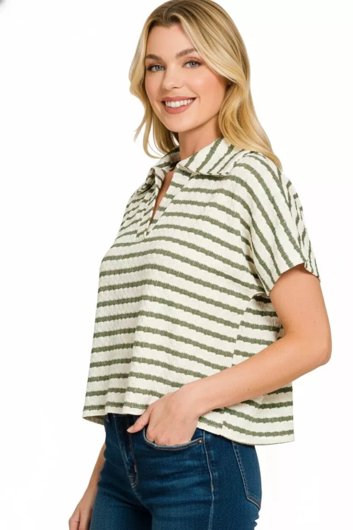 Zenana Striped Split Neck Collar Top - AMVIM