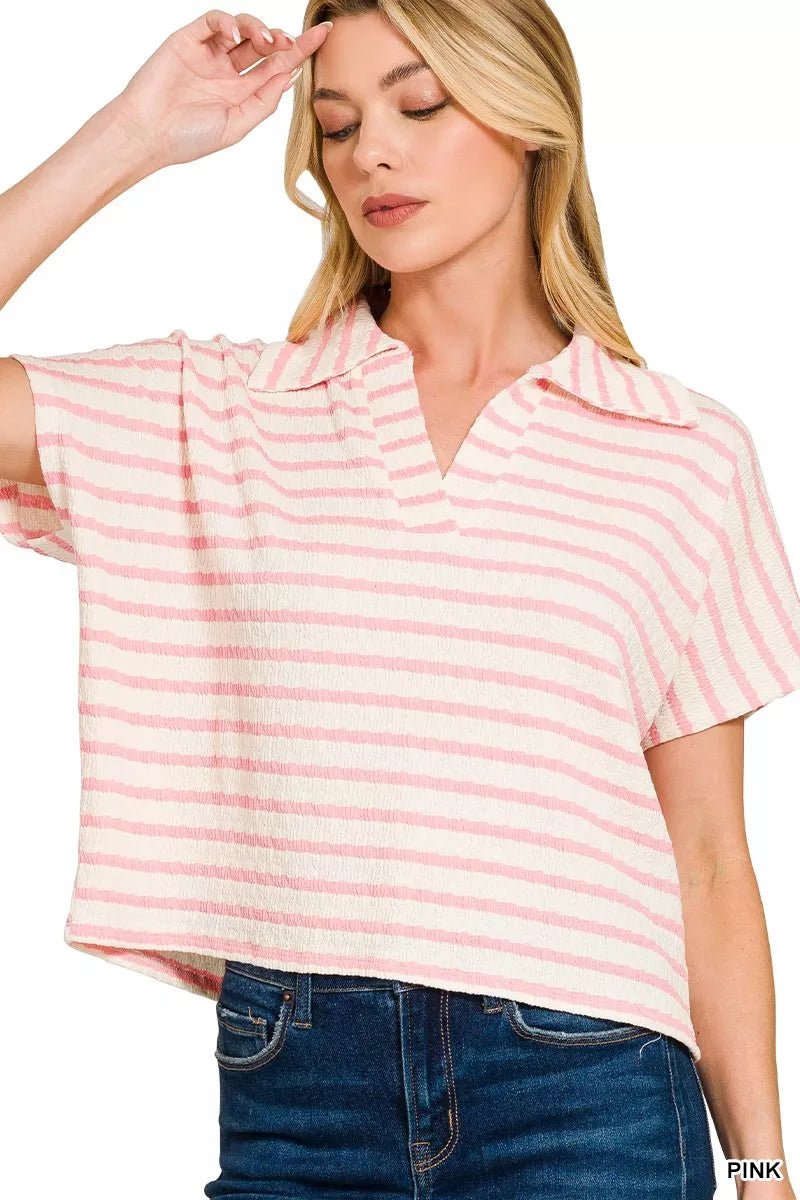 Zenana Striped Split Neck Collar Top - AMVIM