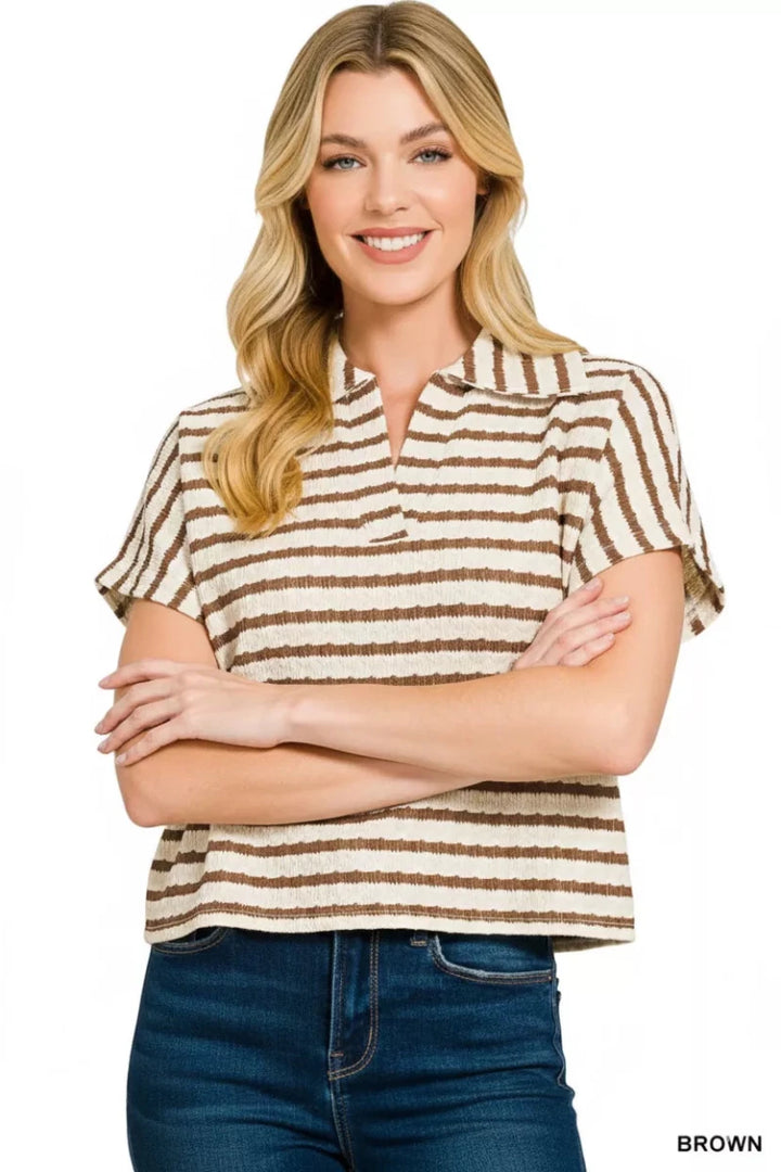 Zenana Striped Split Neck Collared Blouse - AMVIM