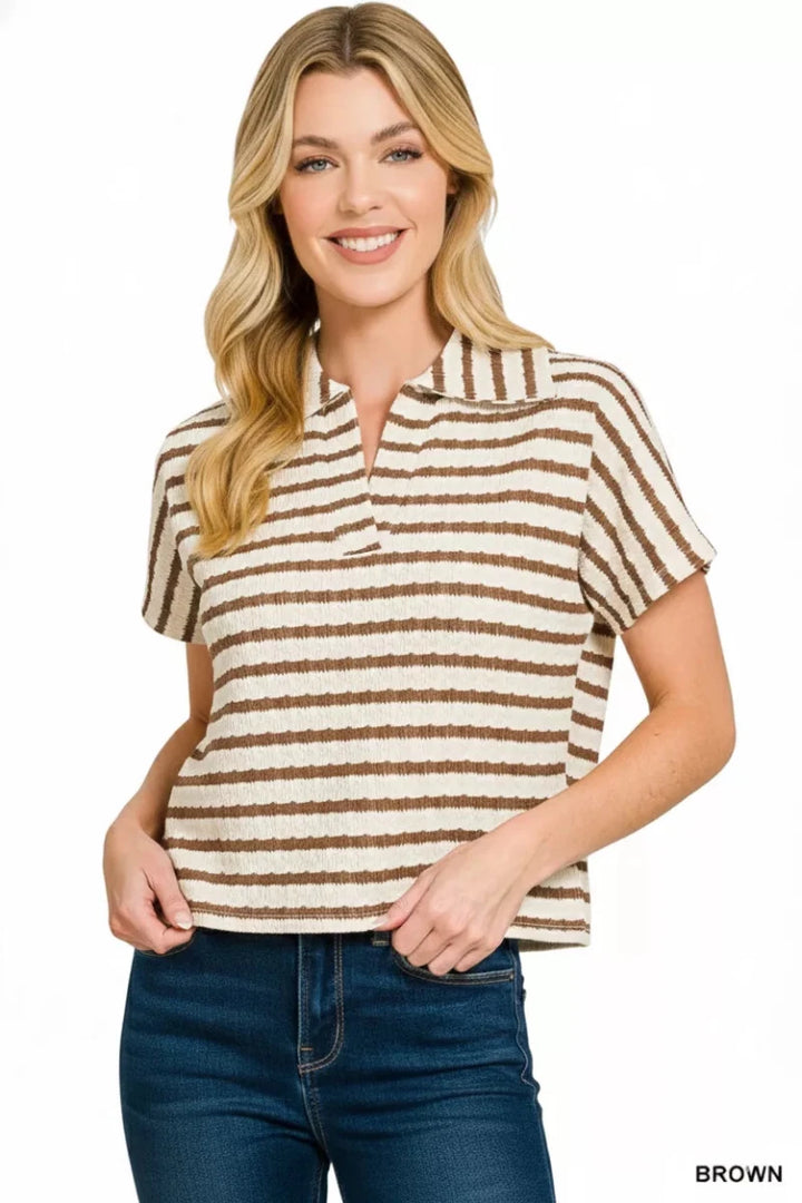 Zenana Striped Split Neck Collared Blouse - AMVIM