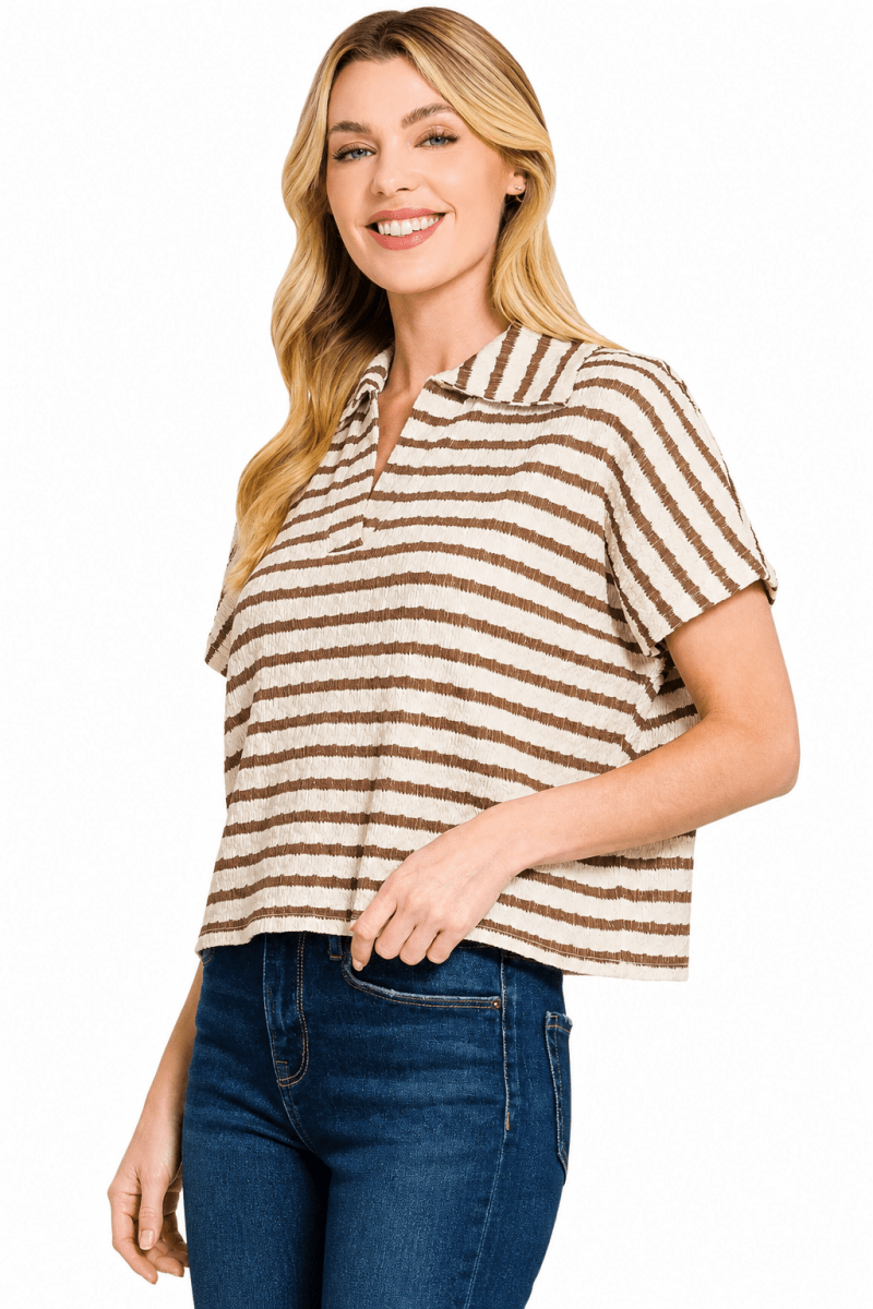 Zenana Striped Split Neck Collared Blouse - AMVIM