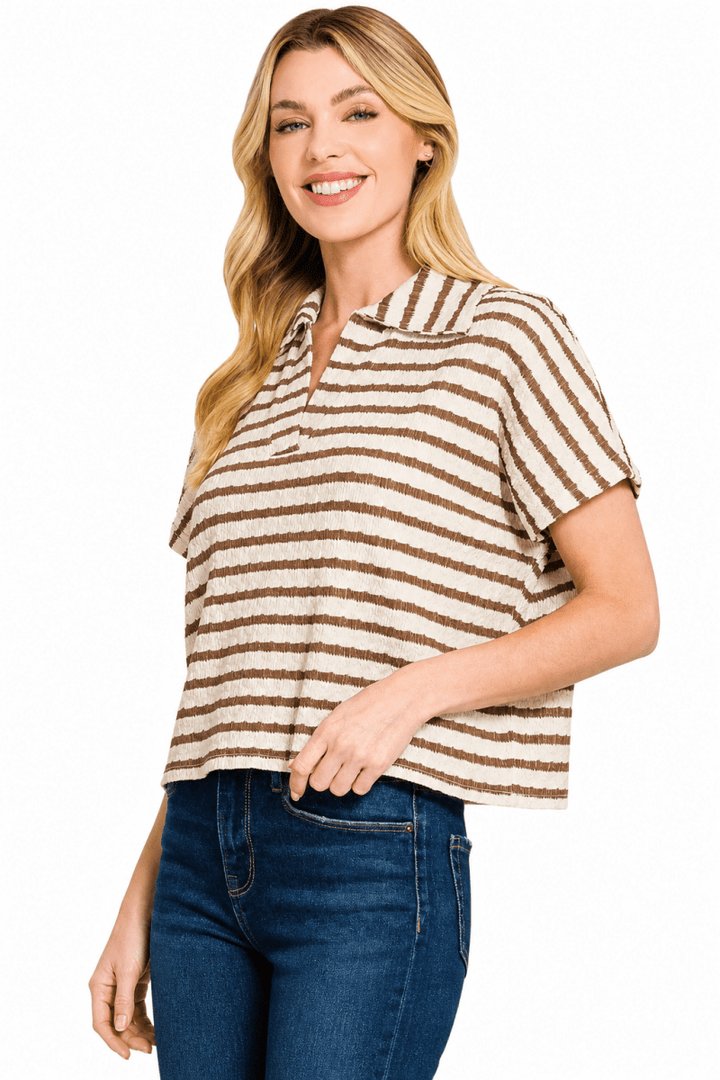 Zenana Striped Split Neck Collared Blouse - AMVIM