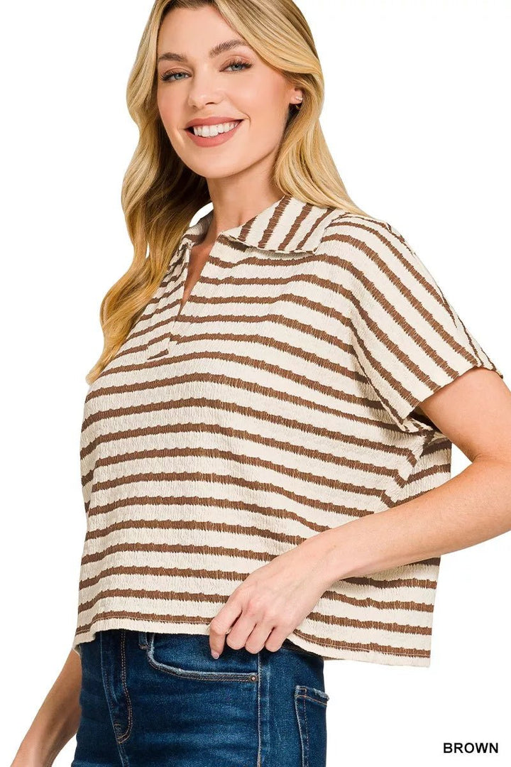 Zenana Striped Split Neck Collared Blouse - AMVIM