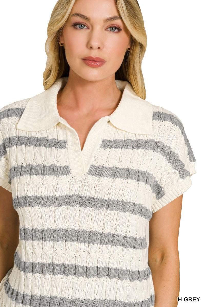 Zenana Textured Stripe Collared Sweater Vest - AMVIM
