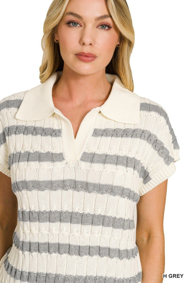 Zenana Textured Stripe Collared Sweater Vest - AMVIM