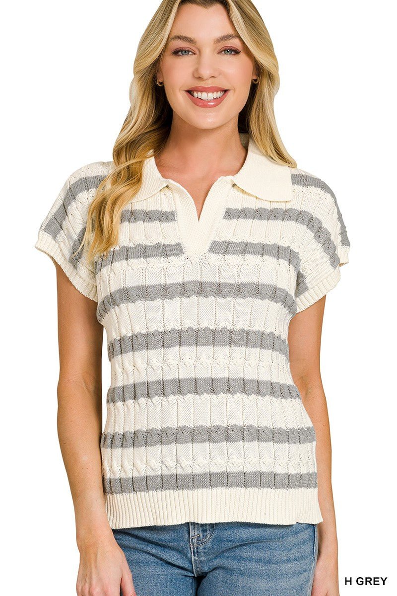 Zenana Textured Stripe Collared Sweater Vest - AMVIM