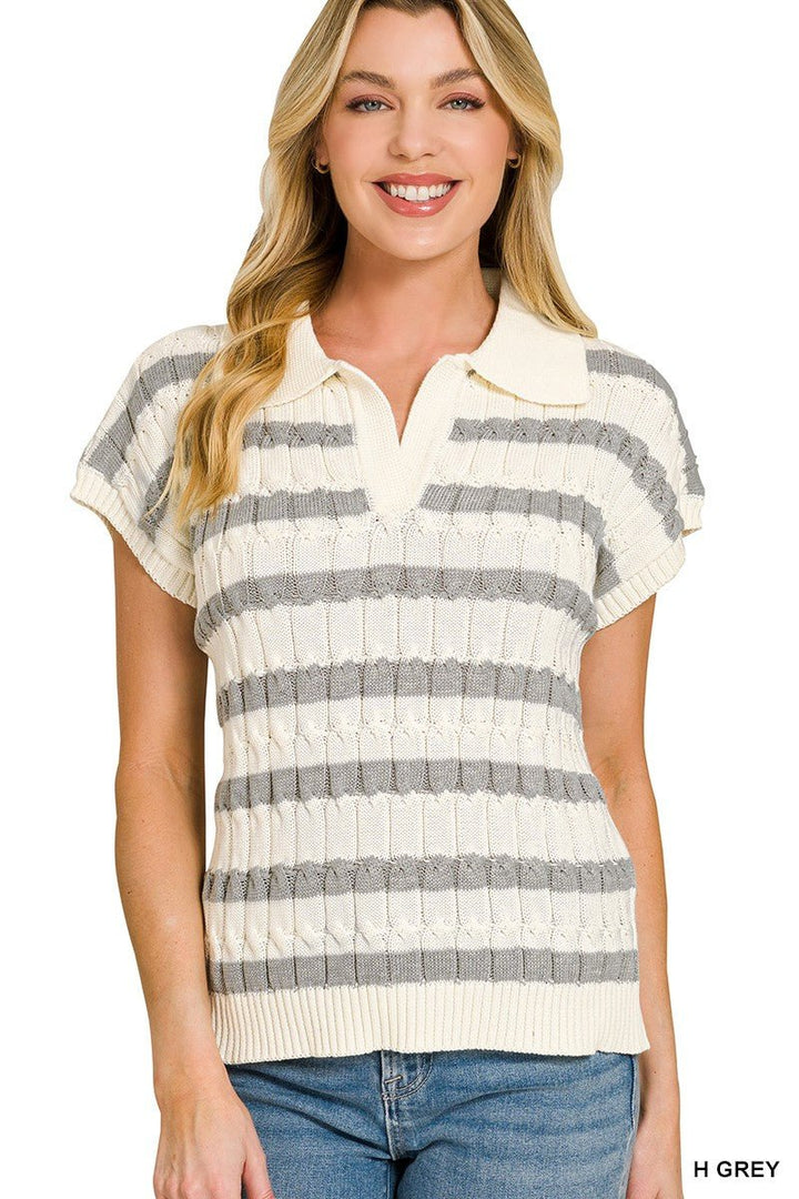 Zenana Textured Stripe Collared Sweater Vest - AMVIM