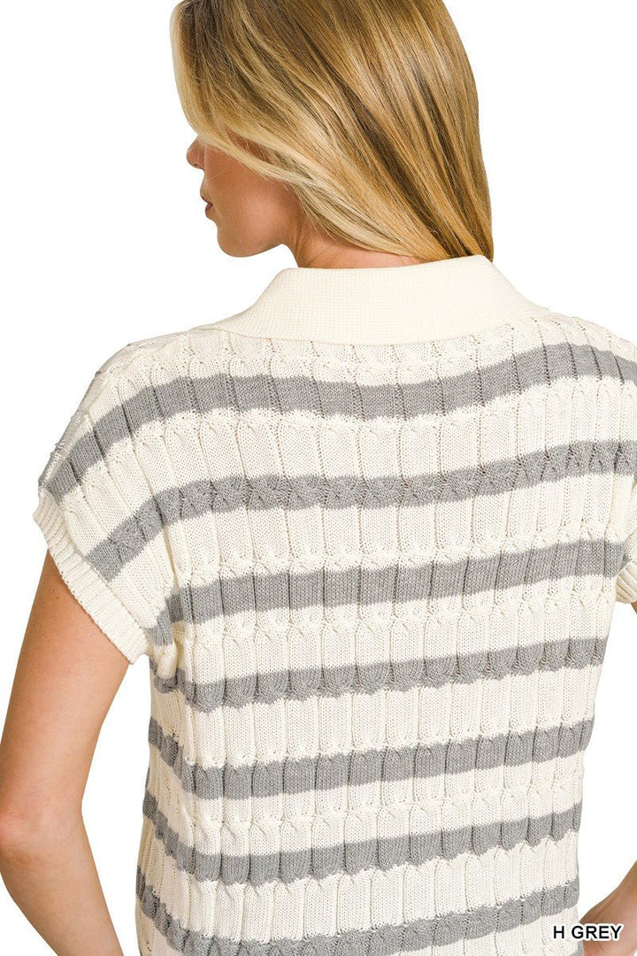 Zenana Textured Stripe Collared Sweater Vest - AMVIM