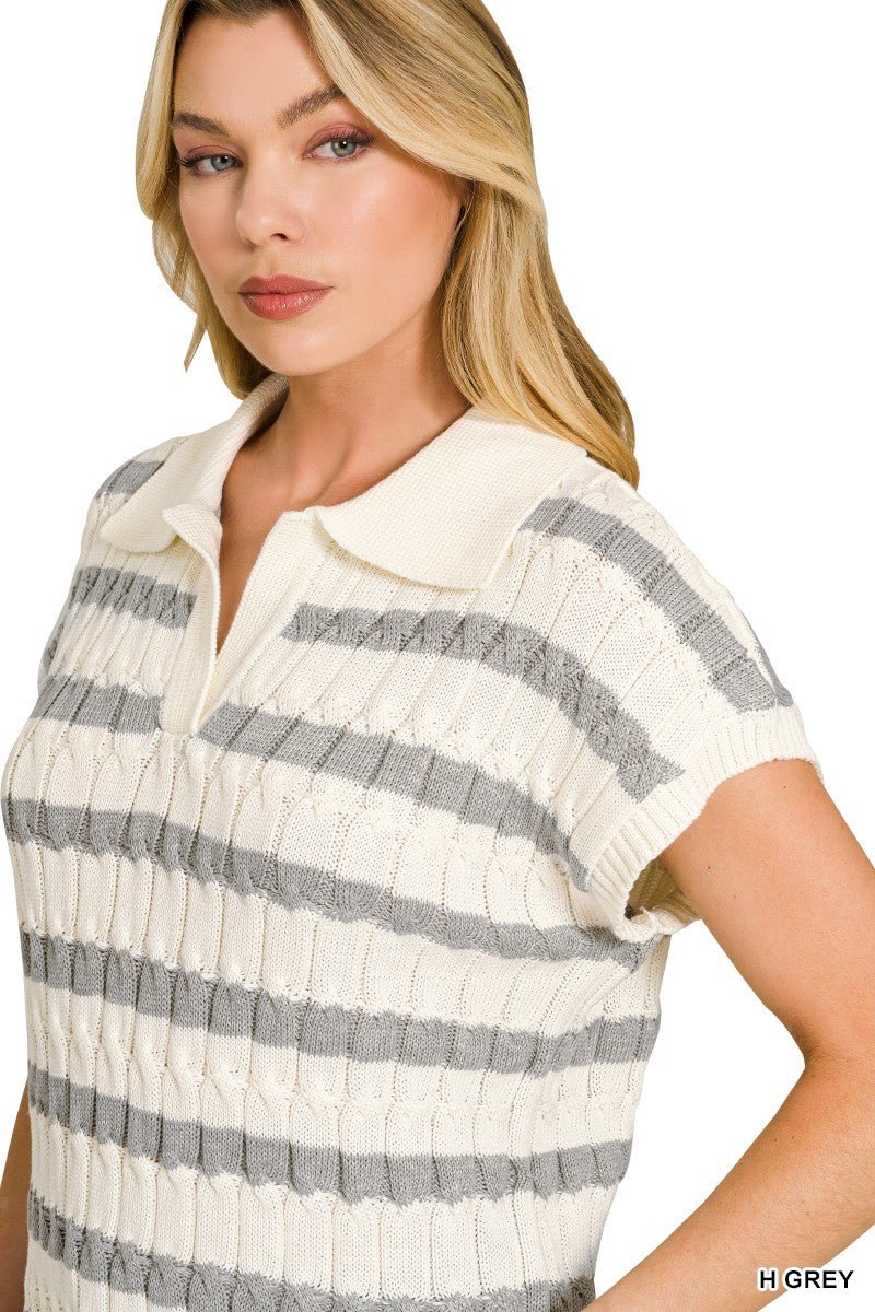 Zenana Textured Stripe Collared Sweater Vest - AMVIM